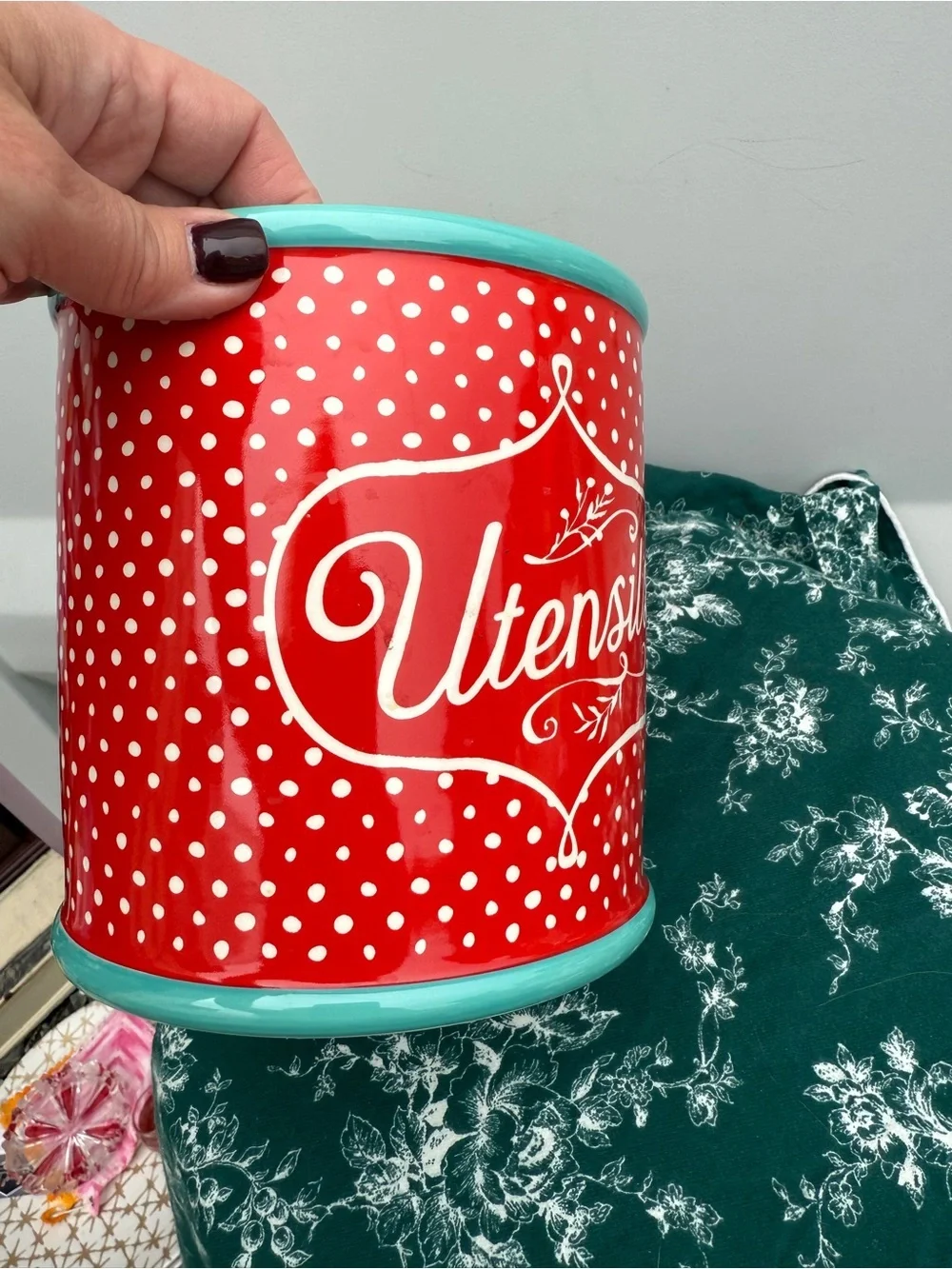 The Pioneer Woman Red Polka Dot Utensil Crock with Teal Trim
